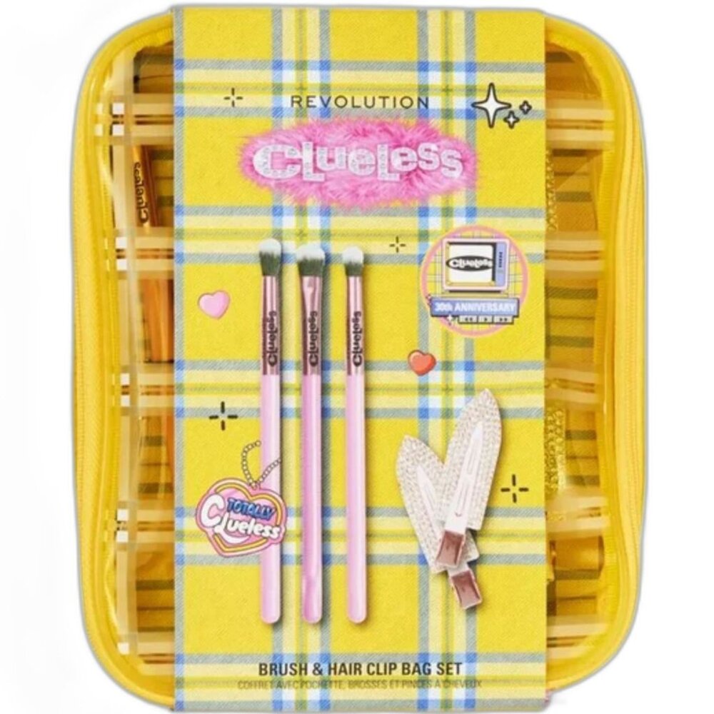 NWT Clueless 30th Anniversary Makeup Brush Set Diamante Hair Clips Yellow Pouch